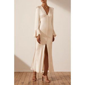 Shona Joy Frill Cuff Bias Midi Dress Cream Satin Wedding Party US4